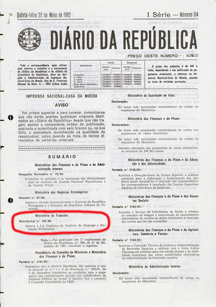Imagem da edição do Diário da Républica com o Decreto-Lei nº 193/82, de 20 de maio